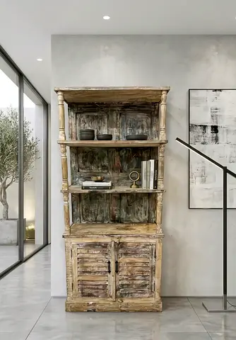 Wooden Carved Cabinet with Open Shelves