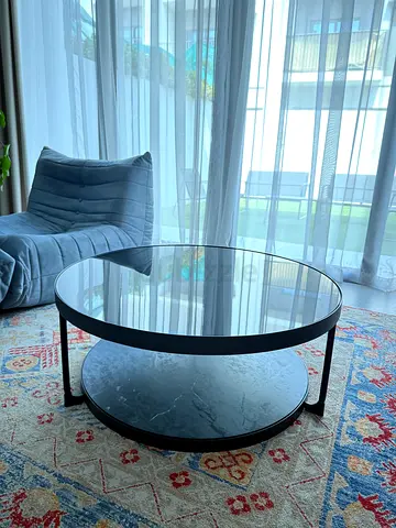 Round Glass Top Coffee Table with Lower Shelf (Black Frame)