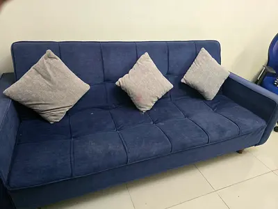 Blue 3-Seater Fabric Sofa cum bed with 3 Cushions - Good Condition