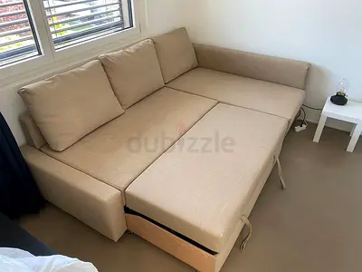 Beige L-shaped Sofa Bed - Converts to Double Bed, Good Condition