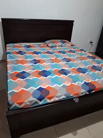 King size wooden bed frame with mattress (dark brown) - good condition