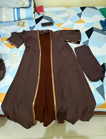 Brown traditional abaya / open-front dress with gold trim and full close trendy abaya