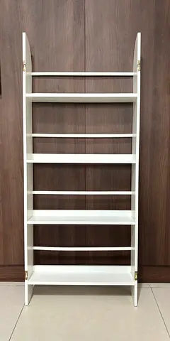 White Leaning Shelf Unit — 4-Tier Wooden Storage Rack