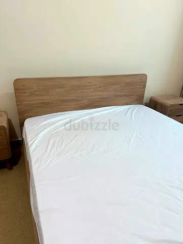 Queen bed frame with headboard, two bedside tables , Drawer & Dressing Table -light wood
