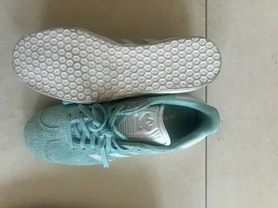 Light green suede Adidas Gazelle sneakers, lightly used, size uk 5