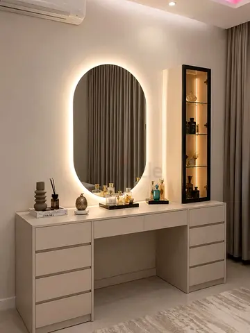 Modern dressing table with LED backlit mirror and glass display cabinet
