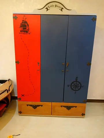 Wooden Little Pirate Themed Baby/Kids Wardrobe with Drawers - Blue/Red