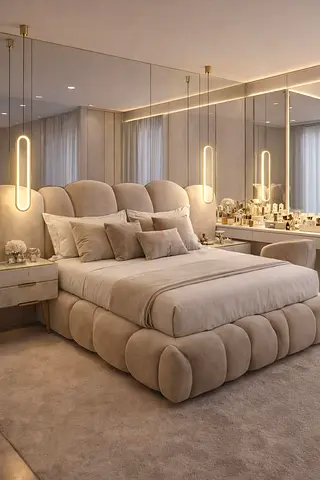 Beige Plush Modern Upholstered Bed with Padded Base