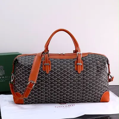 Goyard-style Travel Duffel Bag - Brown Leather Trim