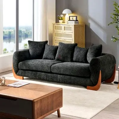 Cozy 3-Seater Black Fabric Sofa with Wooden Accents
