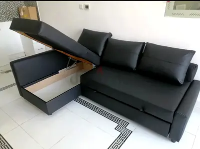 Black L-shaped Storage Sofa Bed with Pull-out Bed — Good Condition