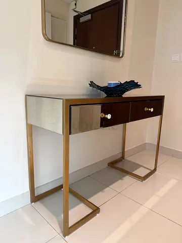 Modern Console Table with Brass Frame and Mirrored Drawers