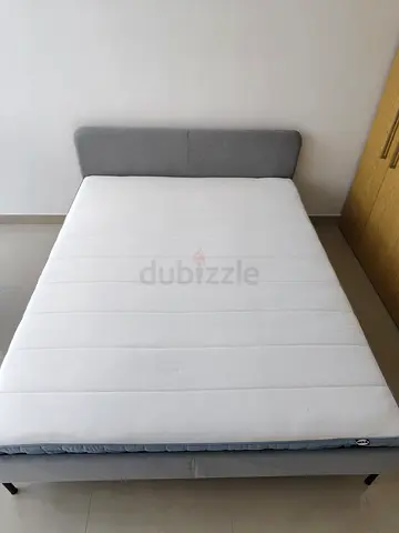 Queen size upholstered bed frame with mattress - light grey