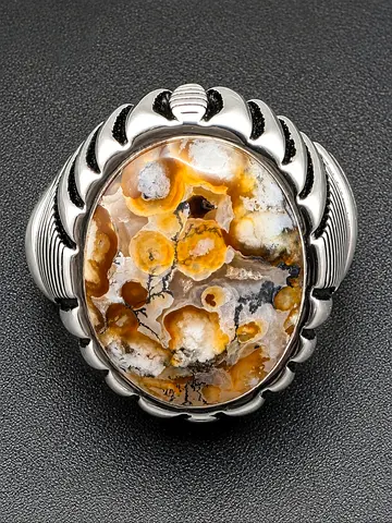 Silver Ring with Unique Moss Agate Aqeeq Stone - عقيق مميز صياغه عارف