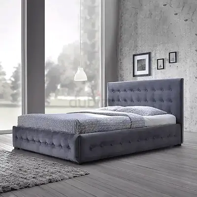 Button tufted design gray velvet double bed