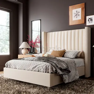 Modern Upholstered Bed with Wingback Headboard and Studded Detail