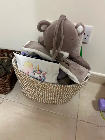 Many free baby item Soft plush teddy and toys bundle in storage basket