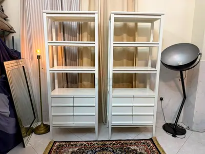 Crate and barrel White Storage Cabinet with Shelves and Doors - Pair (Good Condition)