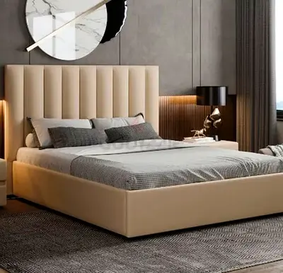 New Modern Beige Upholstered Queen Size Bed with Padded Headboard