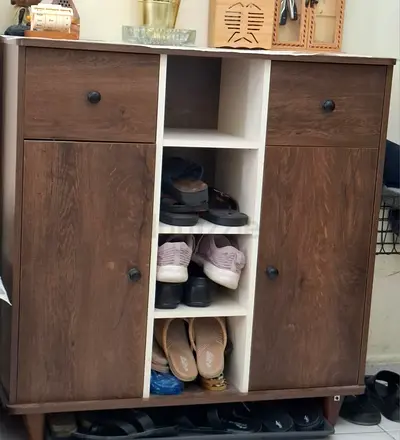 Wooden shoe cabinet with storage shelves and drawers