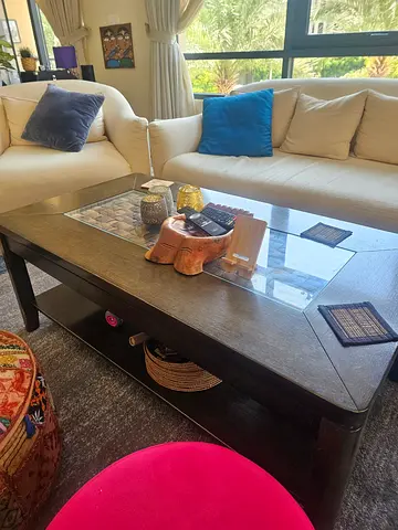 Wooden coffee table set with glass insert - sturdy, good condition