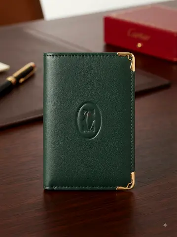 Green leather card holder with gold corner accents Cartier