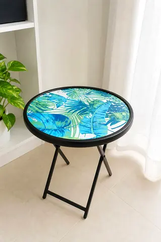 Small Foldable Side Table with Tropical Leaf Top