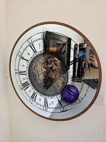 Round Wall Mirror with Vintage Clock Face and Wooden Frame