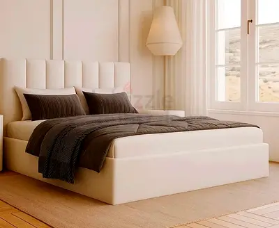 New Beige Upholstered King Size Bed with Headboard and Mattress