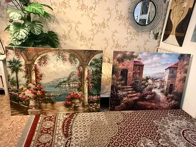 Pair of Large Framed Scenic Paintings - Coastal and Village Landscapes