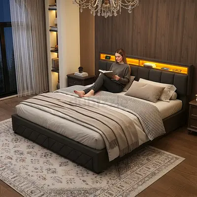 Modern Upholstered King Bed with LED Headboard - Dark Grey