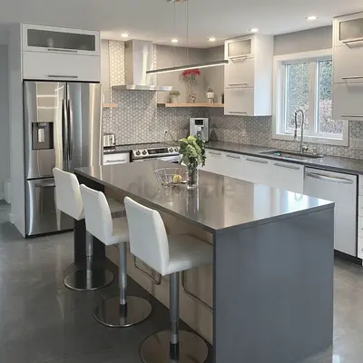 Modern gray kitchen island with breakfast bar