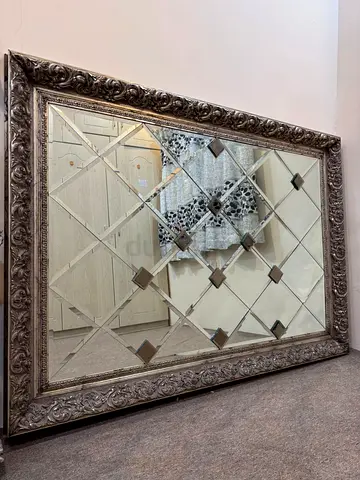Large Ornate Framed Wall Mirror with Diamond Panes