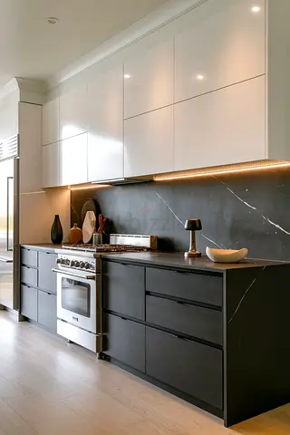 Modern black and white kitchen cabinet set – lower drawers and upper cupboards