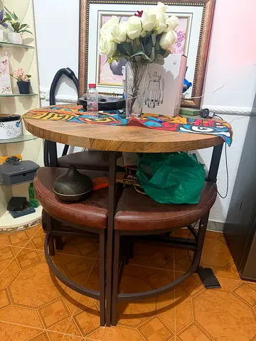 Round wooden bar table with two stools - good used condition