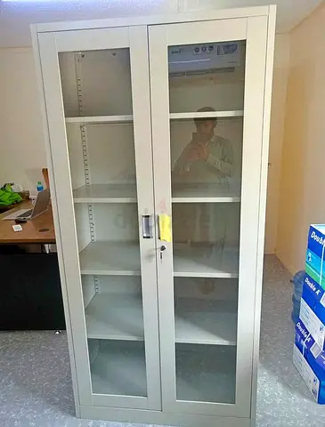 Metal Office Storage Cabinet with Glass Doors - 6 Shelves, Lockable