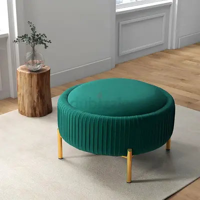 Round Green Upholstered Ottoman Pouffe with Gold Legs