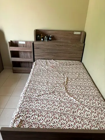 Single wooden bed frame with headboard and side shelf - good condition