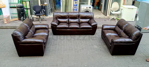 Dark Brown Leather 3-Piece Sofa Set — 3-seater + 2 x 2-seaters