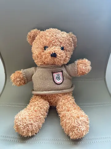 Small plush teddy bear in beige sweater - good condition