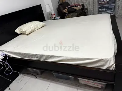 King size dark wood platform bed frame with storage drawers - good condition