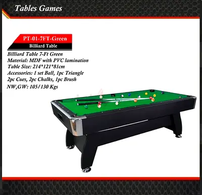 7-ft Billiard / Pool Table with Accessories, Green Cloth