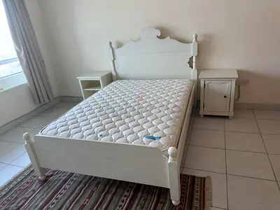 White Wooden Double Bed Frame with Mattress and 2 Bedside Tables