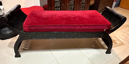 Antique-Style Carved Wooden Bench (Diwan) with Red Velvet Cushion