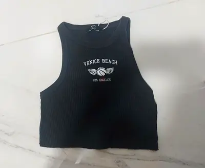 Black Ribbed Cropped Tank Top - "Venice Beach" Graphic, Size S