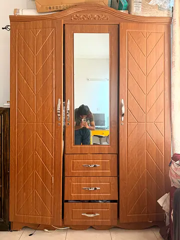 Wooden 3-door Wardrobe with Mirror and Drawers - Good Condition