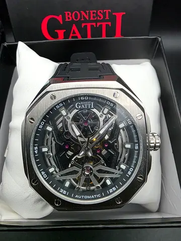 Bonest Gatti Automatic Skeleton Men's Watch - Stainless Steel, Black Strap
