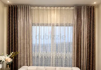 Full-Length Beige/Brown Layered Curtains with Sheer Lace Panel (Set)