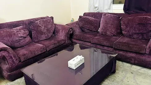 Plum Velvet 3+2 Seater Sofa Set with Coffee Table - Good Condition