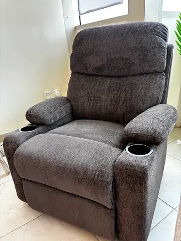 Grey Fabric Recliner Armchair with Cup Holders